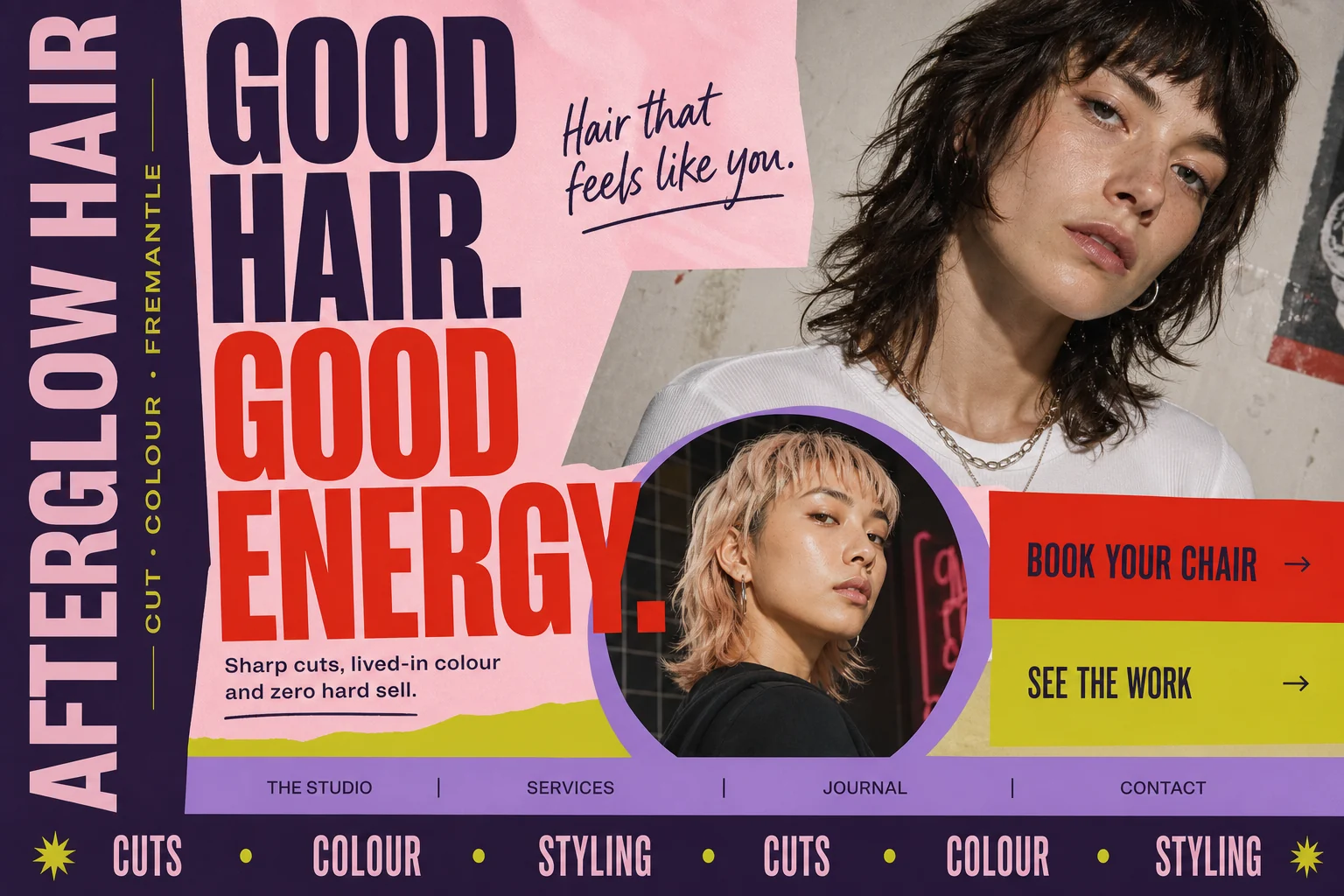 Fictional Afterglow Hair homepage concept with expressive fashion typography, vivid collage colour and editorial portraits