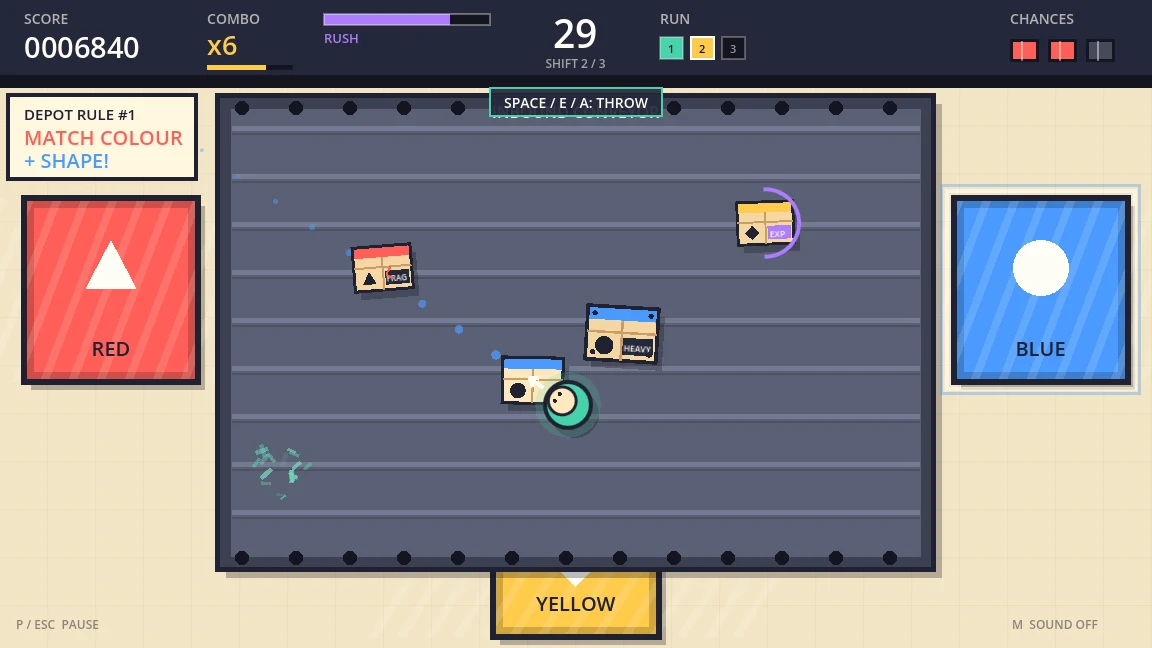 Handle With Haste gameplay showing the worker sorting coloured and shaped parcels into three chutes