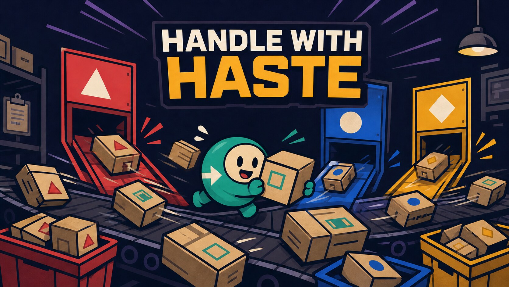 Illustrated Handle With Haste cover showing a small teal depot worker catching parcels between red, blue, and yellow sorting chutes