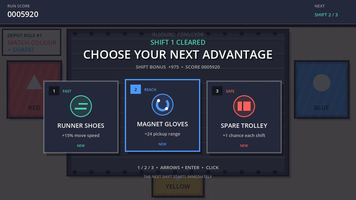 Handle With Haste upgrade screen offering Runner Shoes, Magnet Gloves, and a Spare Trolley
