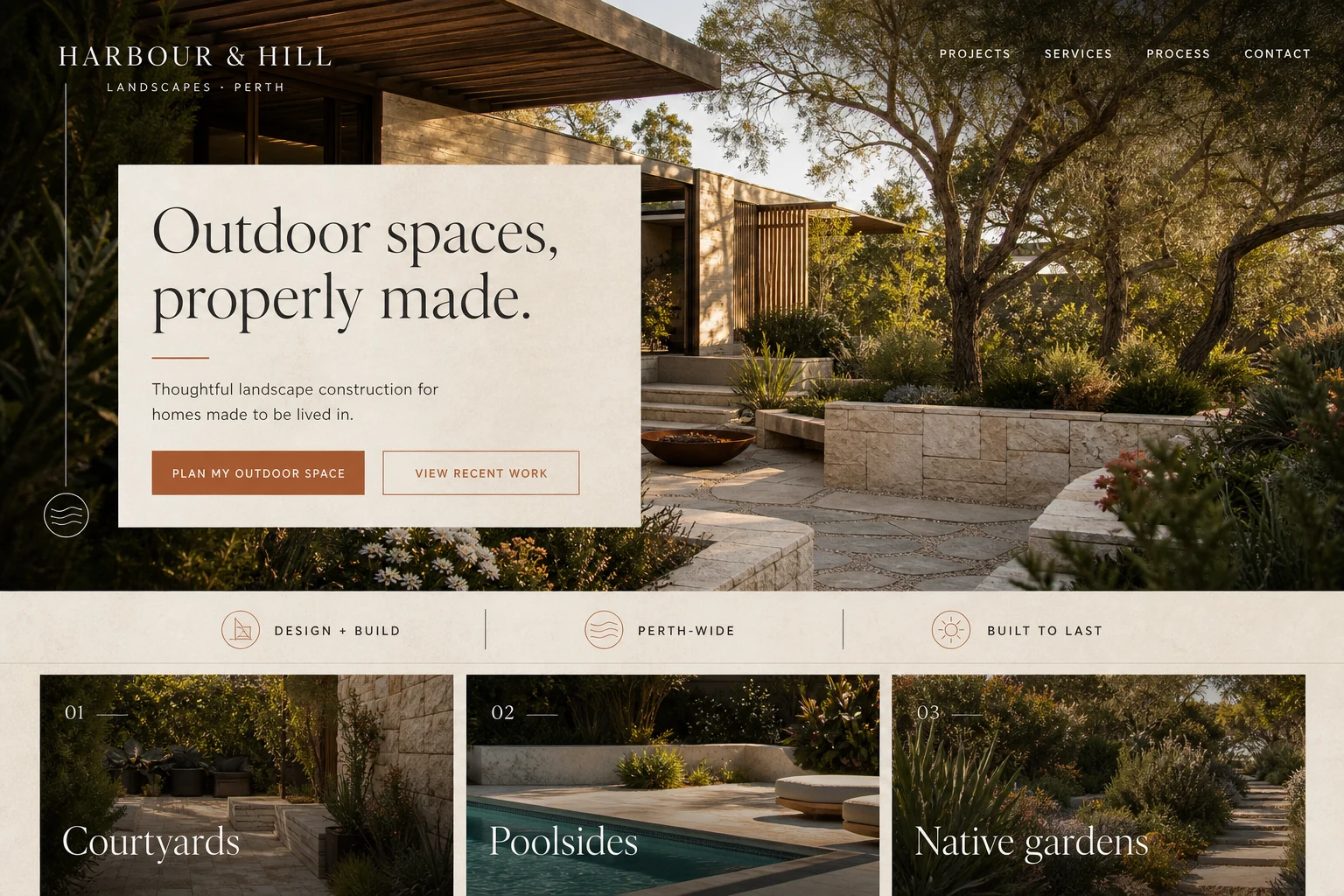 Fictional Harbour and Hill homepage concept with a cinematic Western Australian garden, warm stone tones and editorial typography