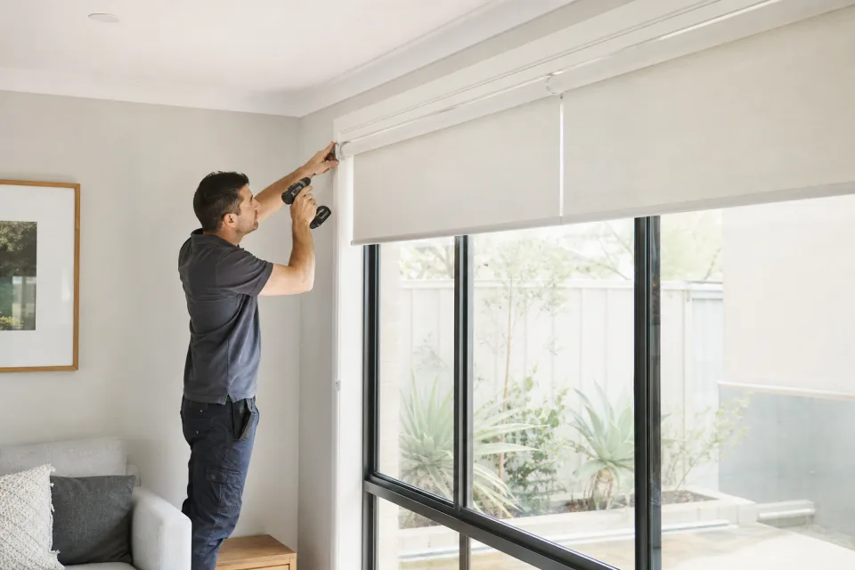 Installer fitting a roller blind in a bright Australian home