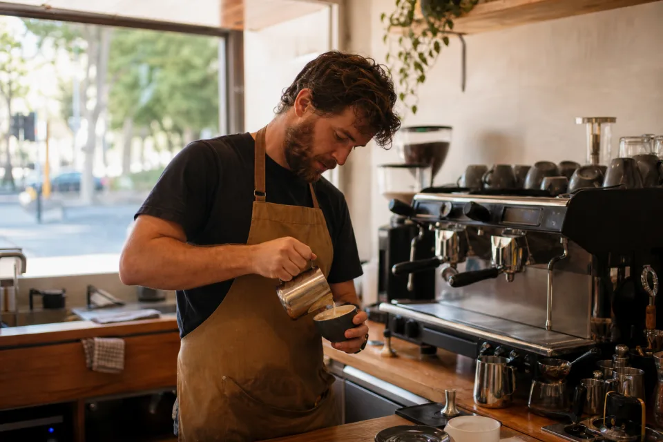 Cafe owner preparing coffee before morning service