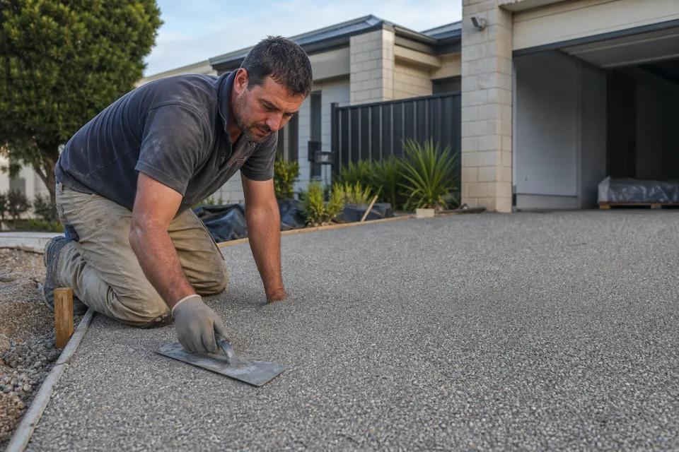 Concreter finishing an exposed-aggregate driveway at a Perth home