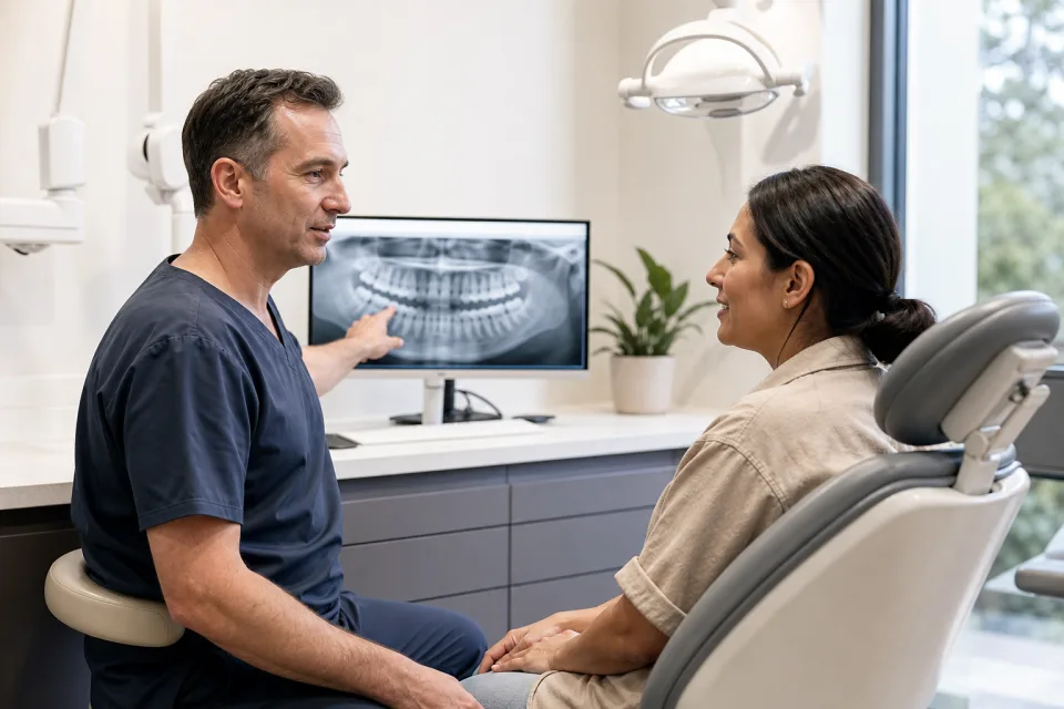 Dentist discussing an x-ray with a patient in a modern clinic