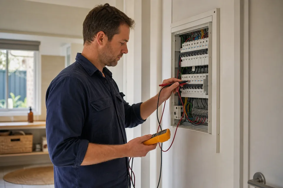 Electrician testing a household switchboard in an Australian home