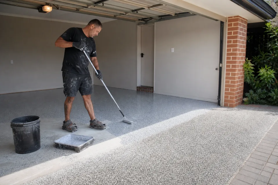Epoxy-flooring installer applying a flake floor in a residential garage