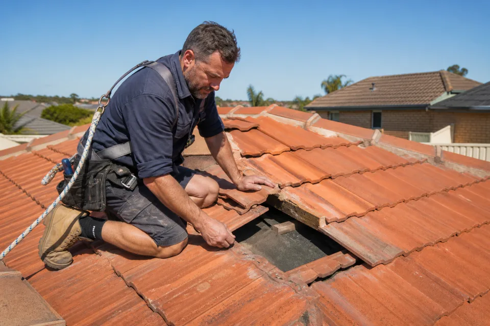Roofer inspecting damaged tiles on an Australian suburban roof