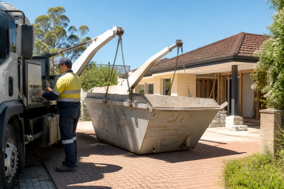 Skip-bin operator delivering a bin to a suburban renovation site