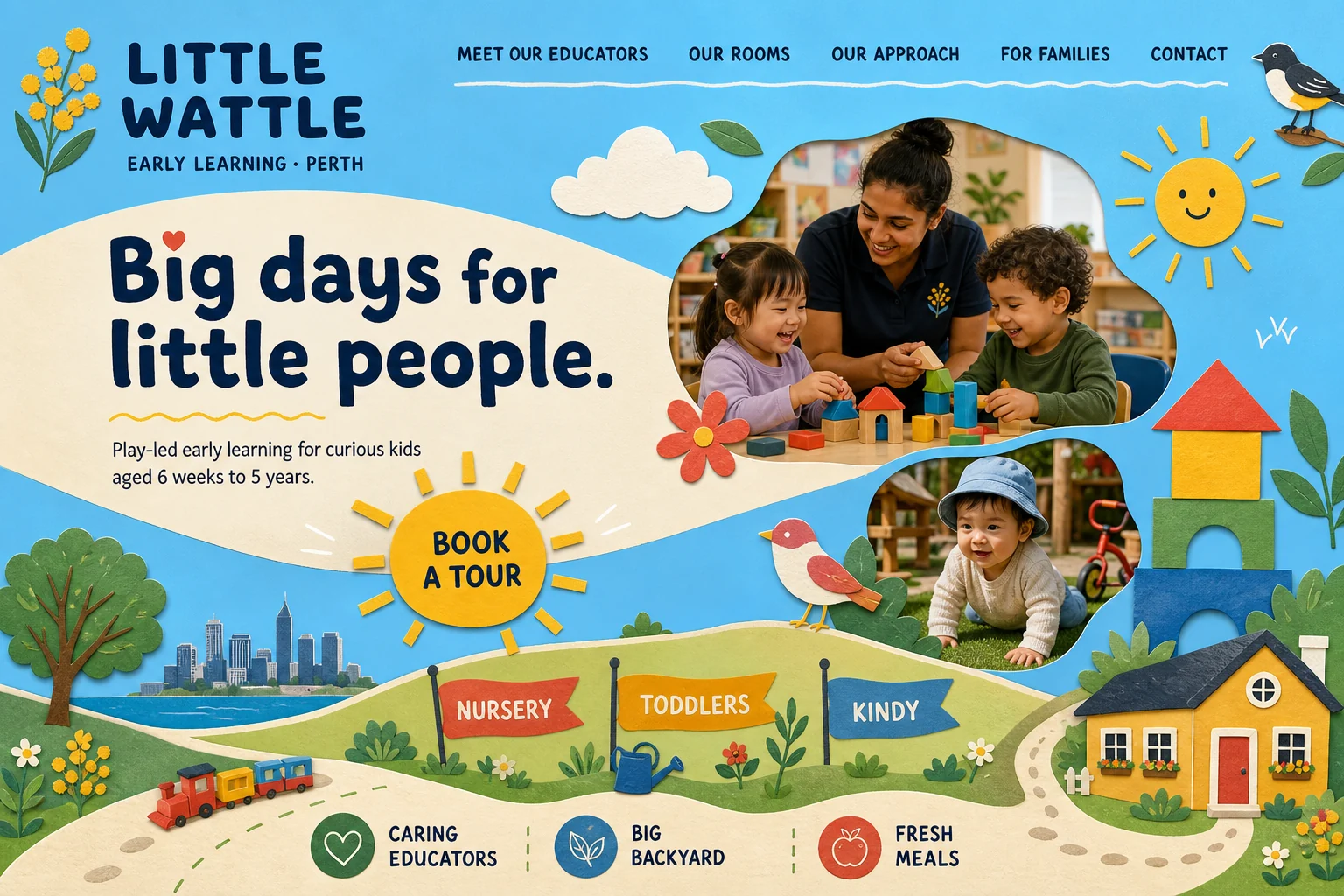 Fictional Little Wattle early learning homepage concept with tactile paper-cut illustrations, joyful colour and natural play photography