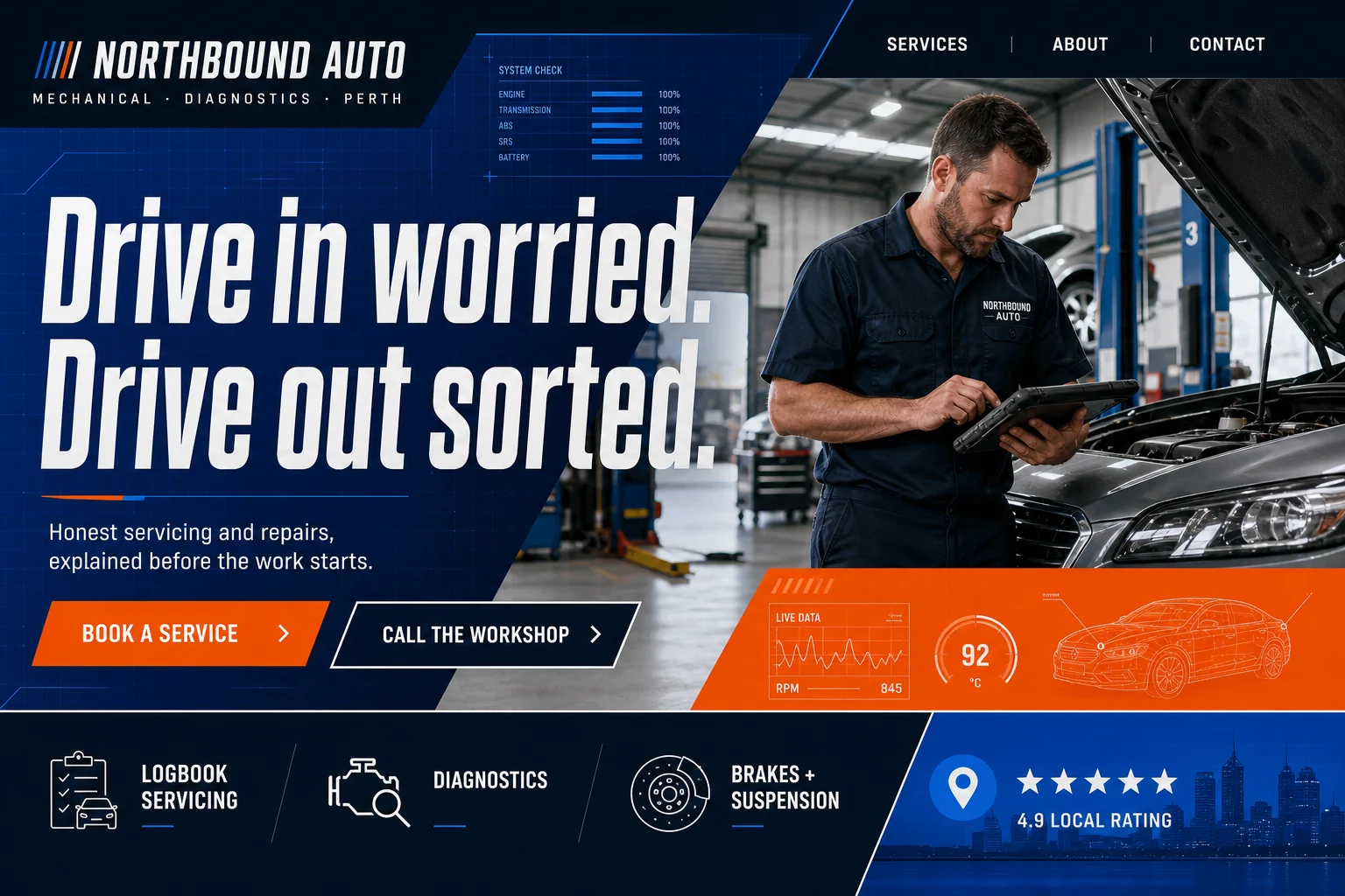Fictional Northbound Auto homepage concept with cobalt diagnostic graphics, angular orange actions and authentic workshop photography