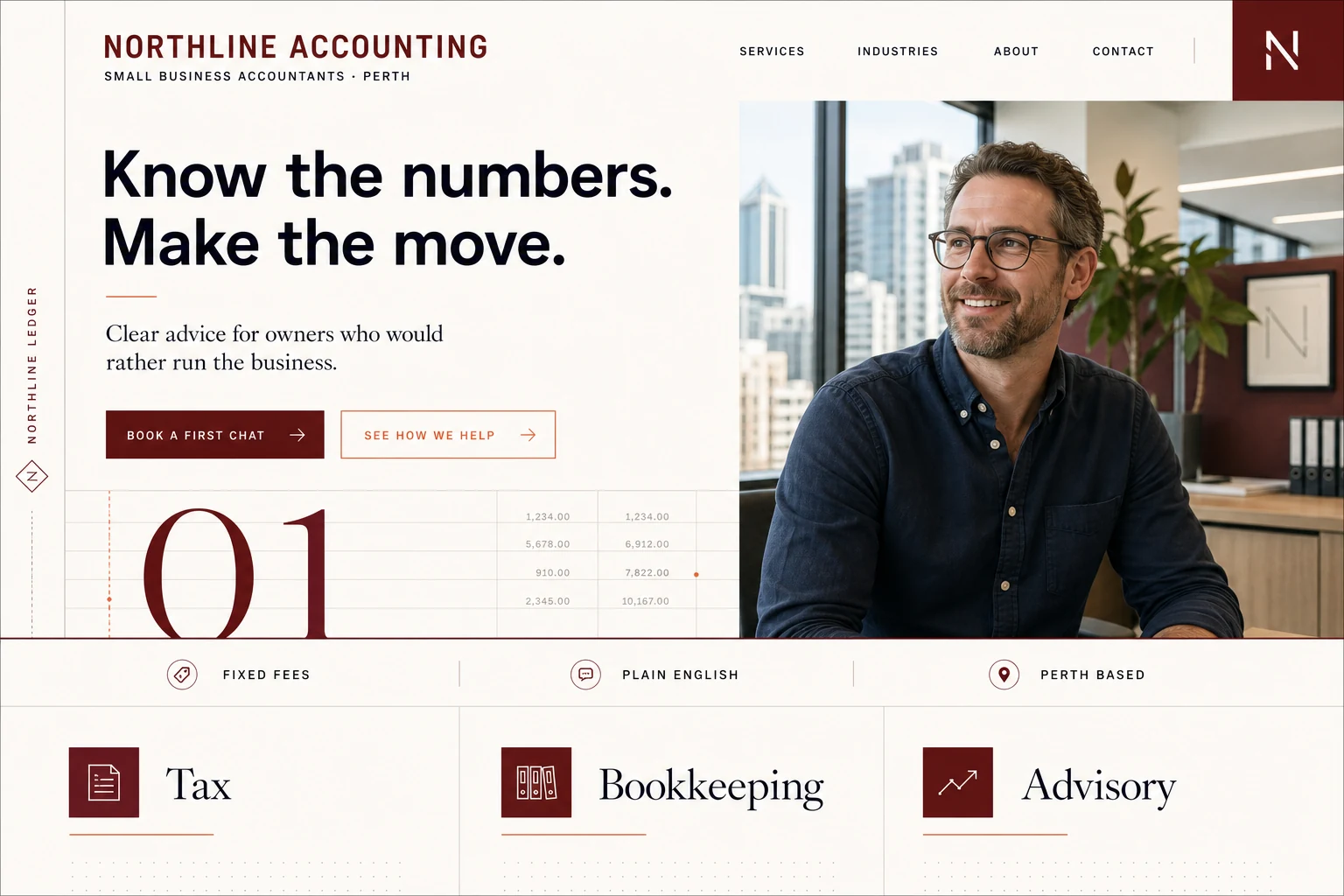 Fictional Northline Accounting homepage concept with a structured editorial grid, approachable portrait and deep burgundy details