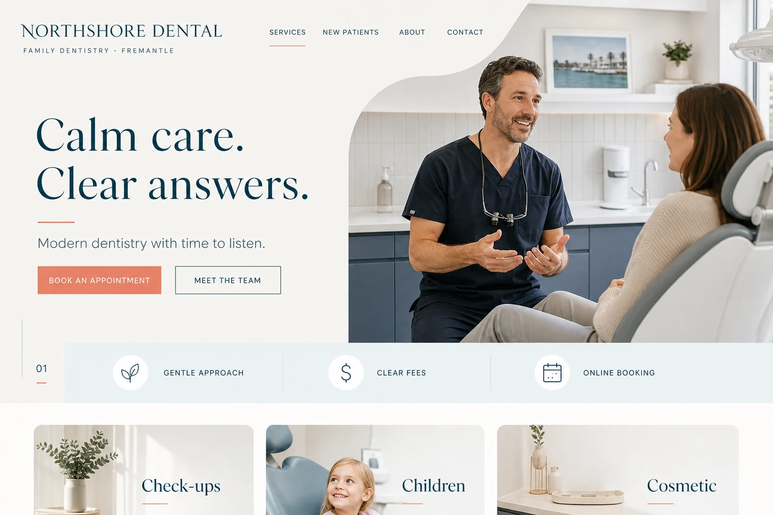 Fictional Northshore Dental homepage concept with a calm editorial layout, warm clinic photography and clear appointment actions