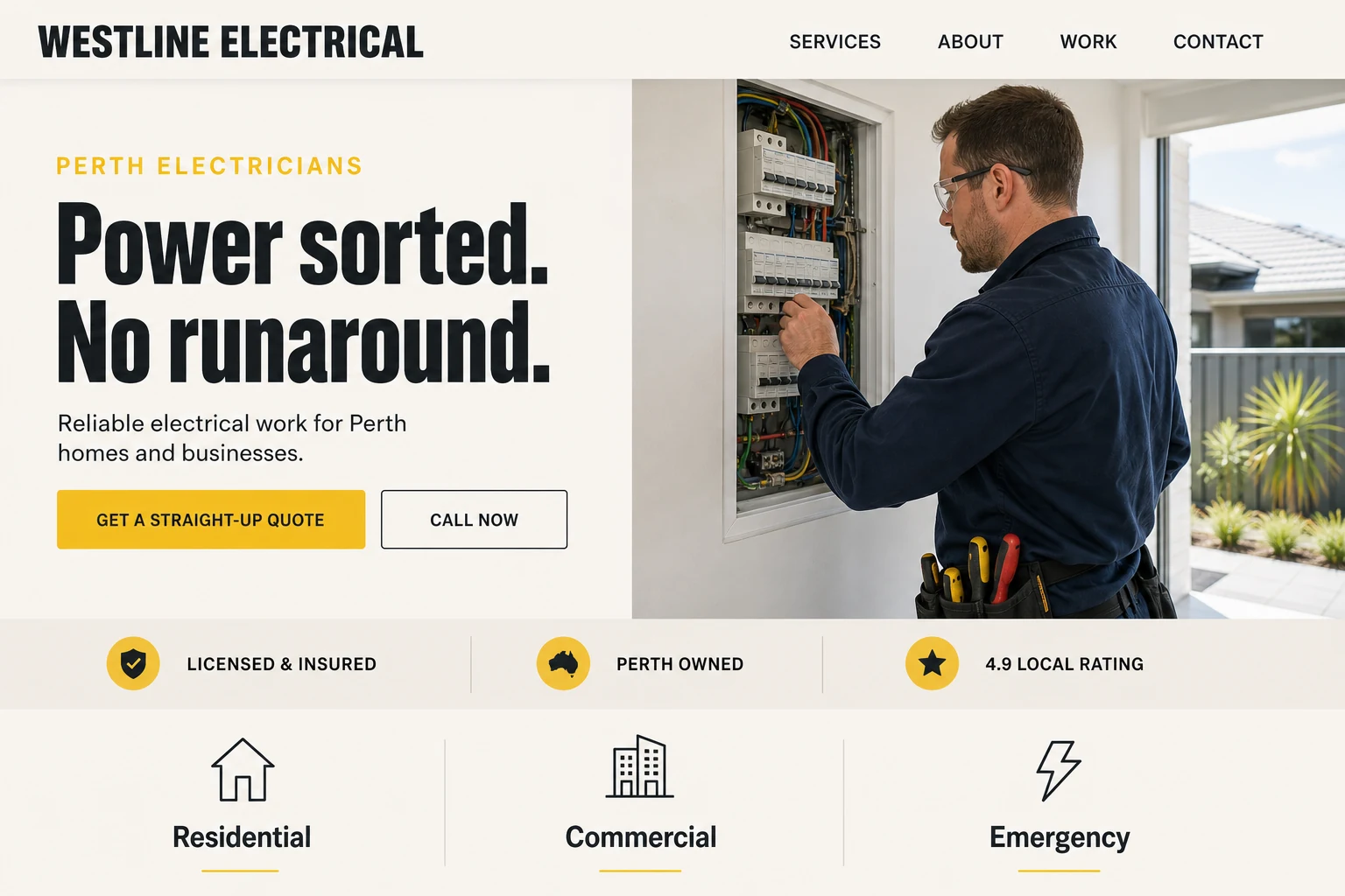 Fictional Westline Electrical homepage concept with bold black type, a yellow quote button, a Perth electrician photo and clear service trust points